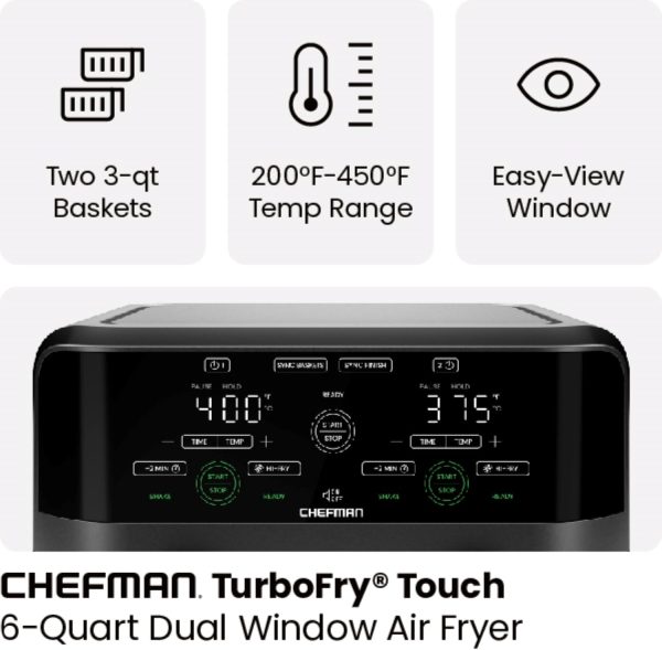 Chefman TurboFry Touch Dual Air Fryer, Maximize The Healthiest Meals With Double Basket Capacity, One-Touch Digital Controls And Shake Reminder For The Perfect Crispy And Low-Calorie Finish