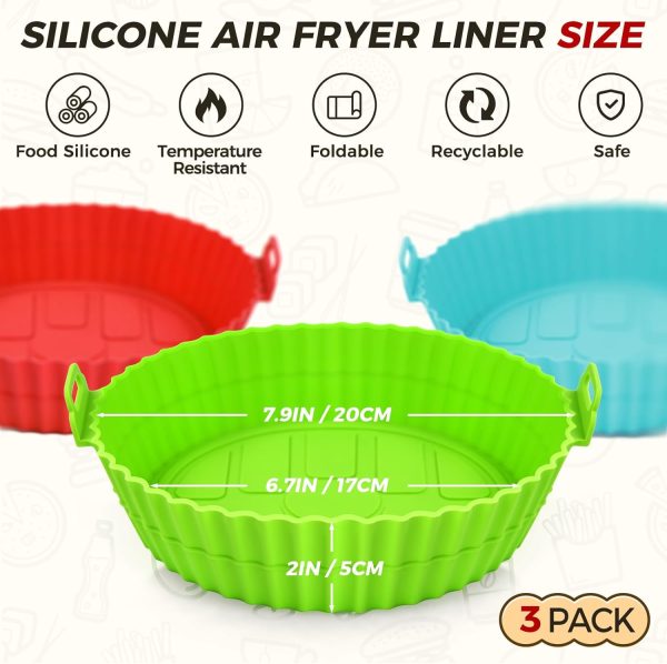 3 Pack Air Fryer Silicone Liners 8inch Air Fryer Silicone Pot Reusable Food Grade Silicone Airfryer Liners Baking Tray Basket Accessories Replacement of Flammable Disposable Parchment Paper Fit 3-7QT