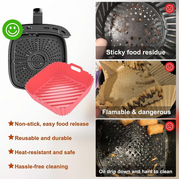 Air Fryer Silicone Liners Square 2 Pack 8.6 Inch Airfryer Liners 4-7 QT Reusable Air Fryer Liners Silicone Pot Oven Liner Baking Tray, Air Fryer Basket Silicone Mat Bowl Air Fryer Accessories Kitchen