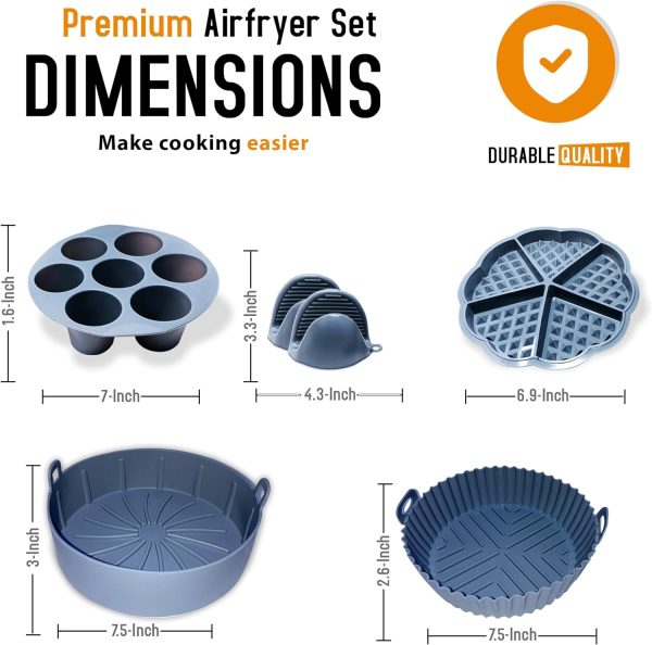 EM 5-Pack Air Fryer Silicone Liners - Includes Silicone Mitts, Egg Bites Tray, Waffle Mold, Silicone Cupcake Liners, Pot - Compatible with 3-5 Quart Air Fryers - Reusable, Food-Grade, Dishwasher-Safe