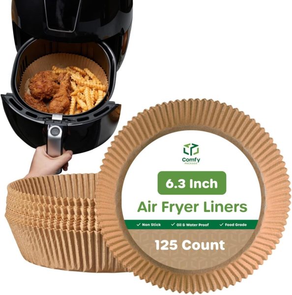 [125 Count] 7.9 Inch Disposable Round Air Fryer Liners, Non-Stick Parchment Paper Liners, Waterproof, Oil Resistance - Kraft