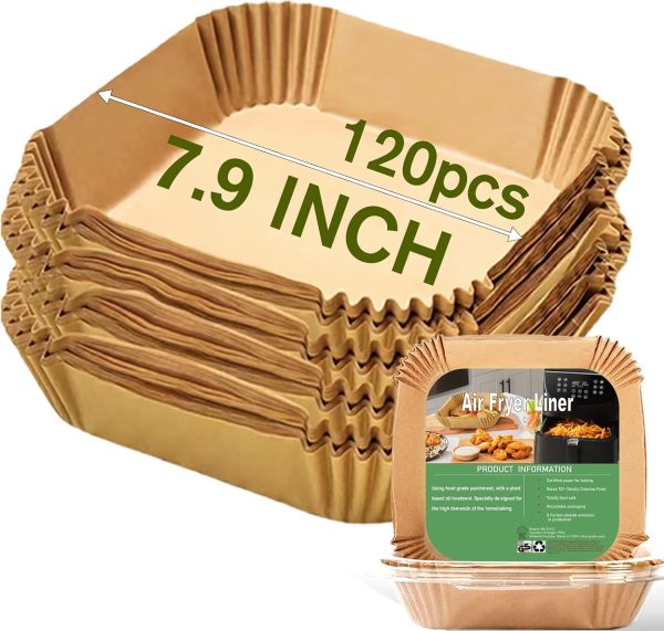 Air Fryer Disposable Paper Liner Square 7.9 Inches, 120Pcs parchment paper liners for 3-6QT Air fryer, Oil-proof, Water-proof, Parchment Baking Paper for Baking Roasting Microwave