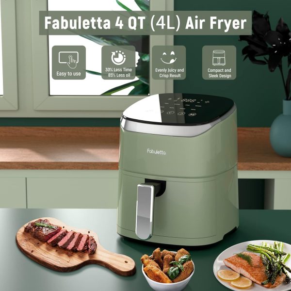 Air Fryer, Fabuletta 9 Customizable Smart Cooking Programs Compact 4QT Air Fryers, Shake Reminder, 450°F Digital Airfryer,Tempered Glass Display, Dishwasher-Safe, Fit for 2-4 People