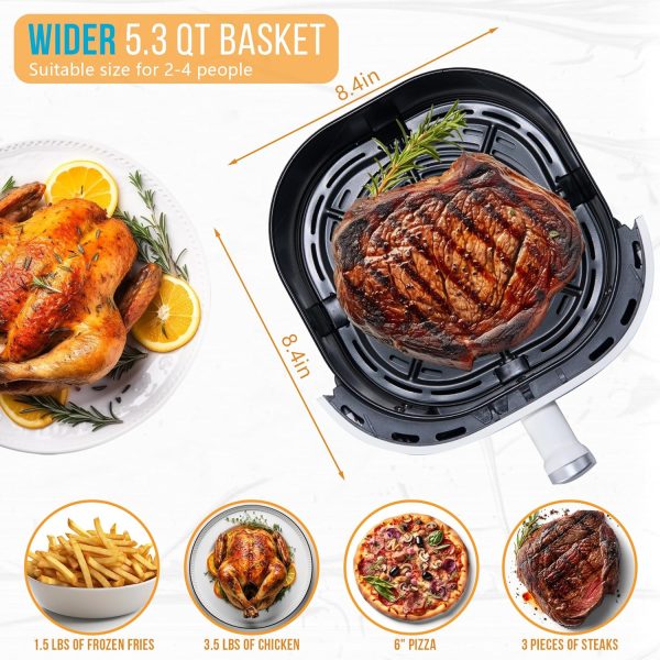 Bear Air Fryer, 5.3Qt for Quick and Oil-Free Healthy Meals, Easy View, Smart Digital Touchscreen, Shake Reminder, Dishwasher-SafeNon-stick Basket, Disposable Paper Liner and Recipes included,White