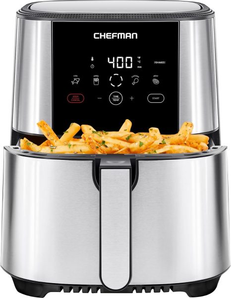Chefman TurboFry® Touch Air Fryer, XL 8-Qt Family Size, One-Touch Digital Control Presets, French Fries, Chicken, Meat, Fish, Nonstick Dishwasher-Safe Parts, Automatic Shutoff, Stainless Steel