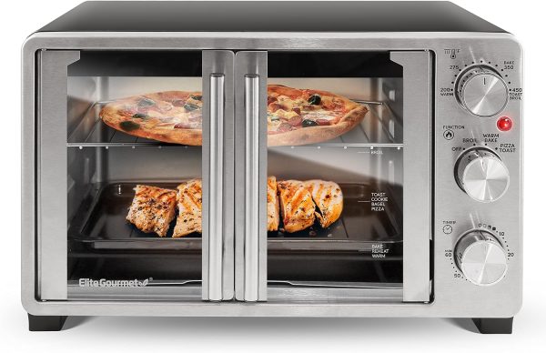 Elite Gourmet ETO2530M Double French Door Countertop Toaster Oven, Bake, Broil, Toast, Keep Warm, Fits 12 pizza, 25L capacity, Stainless Steel  Black