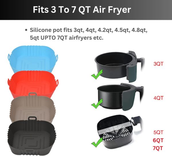 H3EXPERTS 4 Pack Reusable Square Air Fryer Silicone Liners with Tongs + Silicone Basting Brush + Oven Mitts- Liners for Air Fryer Basket Tray for 3 to 7 QT Air Fryer Insert - Accesorios Para Air Fryer