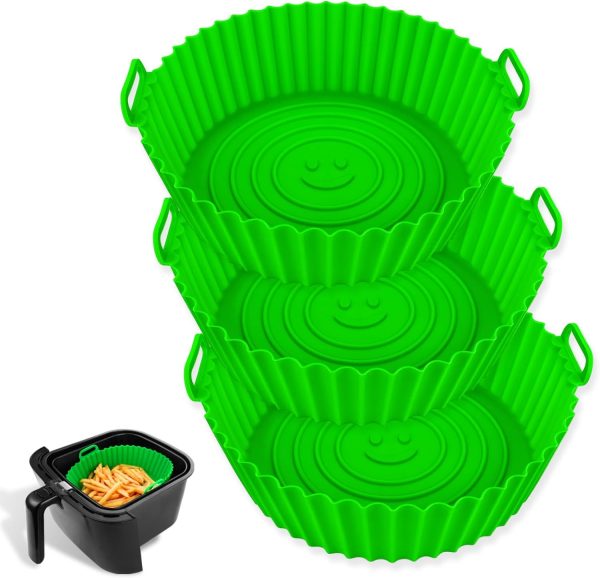 La chat Air Fryer silicone Liners, 3 pack 8.5 inch food-grade air fryer basket for replacement of paper liner, No-stick Reusable Air Fryer silicone accessories fit 3QT - 5QT Air Fryer(8.5inch,Green)
