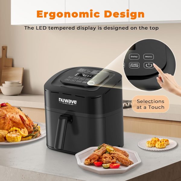 Nuwave Brio 10-in-1 Air Fryer 7.25Qt with Patented Linear T Thermal Technology for Crisping, Roasting, Dehydrating, and Reheating Non-Stick, Dishwasher Safe Basket, and App with 100+ Recipes - Black