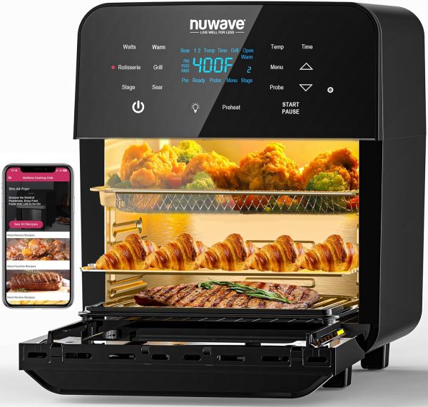 Nuwave Brio 15.5Qt Air Fryer Rotisserie Oven, X-Large Family Size, Powerful 1800W, 4 Rack Positions, 50°-425°F Temp Controls, 100 Presets  50 Memory, Integrated Smart Thermometer, Linear T Technology