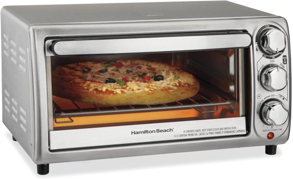 Hamilton Beach 31143 4-Slice Toaster Oven with 5 Cooking Modes (Bake, Broil, Keep Warm Toast  Bagel) with Stay On  Auto Shutoff, 2 Rack Positions, 1100 Watts and 3 Accessories, Stainless Steel