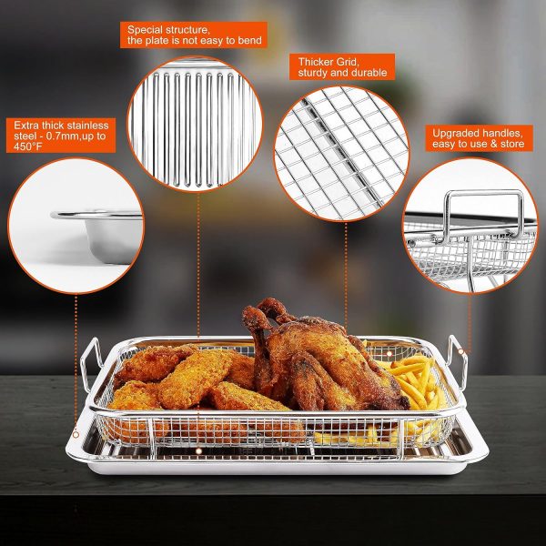 Air Fryer Basket for Oven, 12.8“ x 9.6 Up to 450 ℉ Thickened Food-grade Stainless Oven Air Fryer Basket and Tray for Baking  Crispy Foods, 2 PCS Oven Air Fryer Accessories, Baking Papers