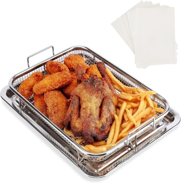 Air Fryer Basket for Oven, 12.8“ x 9.6 Up to 450 ℉ Thickened Food-grade Stainless Oven Air Fryer Basket and Tray for Baking  Crispy Foods, 2 PCS Oven Air Fryer Accessories, Baking Papers