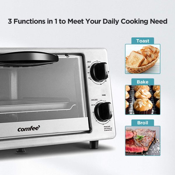 COMFEE Toaster Oven Countertop, Small Toaster Ovens Combo 4 slice, Mini Oven for 9 Pizza, Compact Oven 2 Racks for Toast, Bake, Broil, 950W, Black, CTO-E101A(BK)