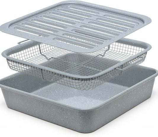 eazy mealz air fry crisping basket tray set air fry crisper basket tray baking pan roasting sheet utensil safe non stick
