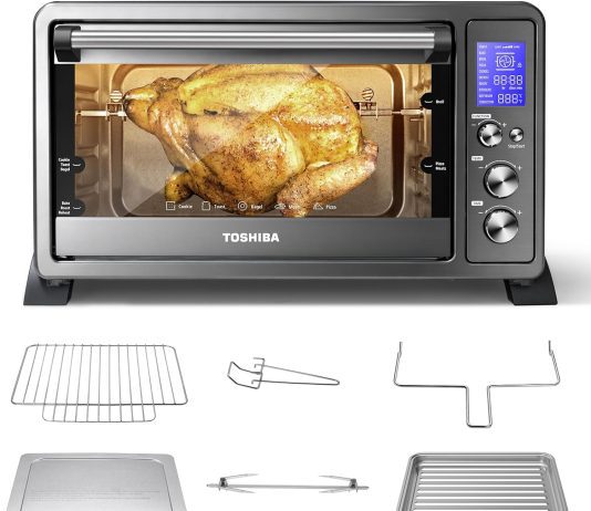 toshiba ac25cew bs large 6 slice convection toaster oven countertop 10 in one with toast pizza and rotisserie 1500w blac