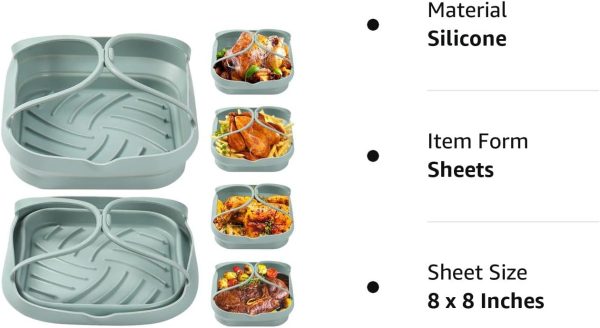 2Pack Air Fryer Silicone Liners 8 Inch Square, Foldable  Reusable Air Fryer Silicone Basket with Handles, Silicone Air Fryer Liners for 4 to 8 Qt