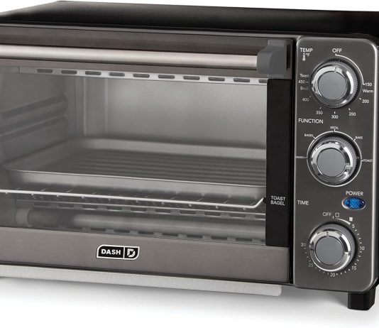 dash express countertop toaster oven with quartz technology bake broil and toast with 4 slice capacity and pizza capabil