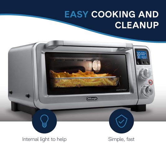 delonghi air fry oven premium 9 in 1 digital air fry convection toaster oven grills broils bakes roasts keep warm reheat 1