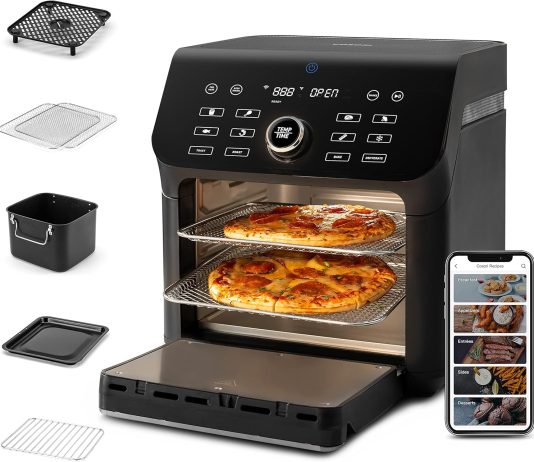 cosori air fryer toaster oven combo 10 qt family size 14 in 1 functions with dehydrate roast smart control through phone