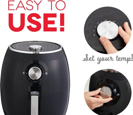 dash deluxe electric air fryer oven cooker with temperature control non stick fry basket recipe guide auto shut off feat 2