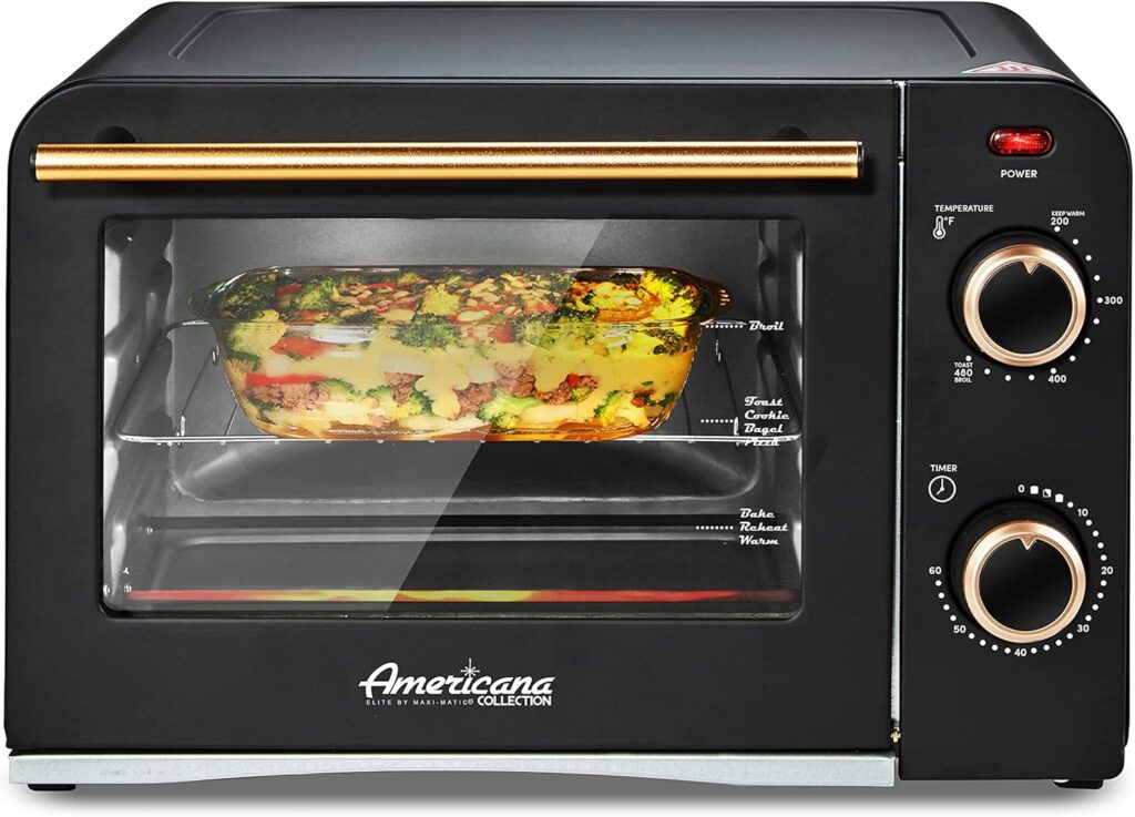Elite Gourmet Americana ETO1200B Vintage Diner 50’s Retro Countertop Toaster Oven, 1300W, Bake, Broil, Toast, with Temperature Control  Adjustable 60-Minute Timer, Fits 9” Pizza, 4 Slice,