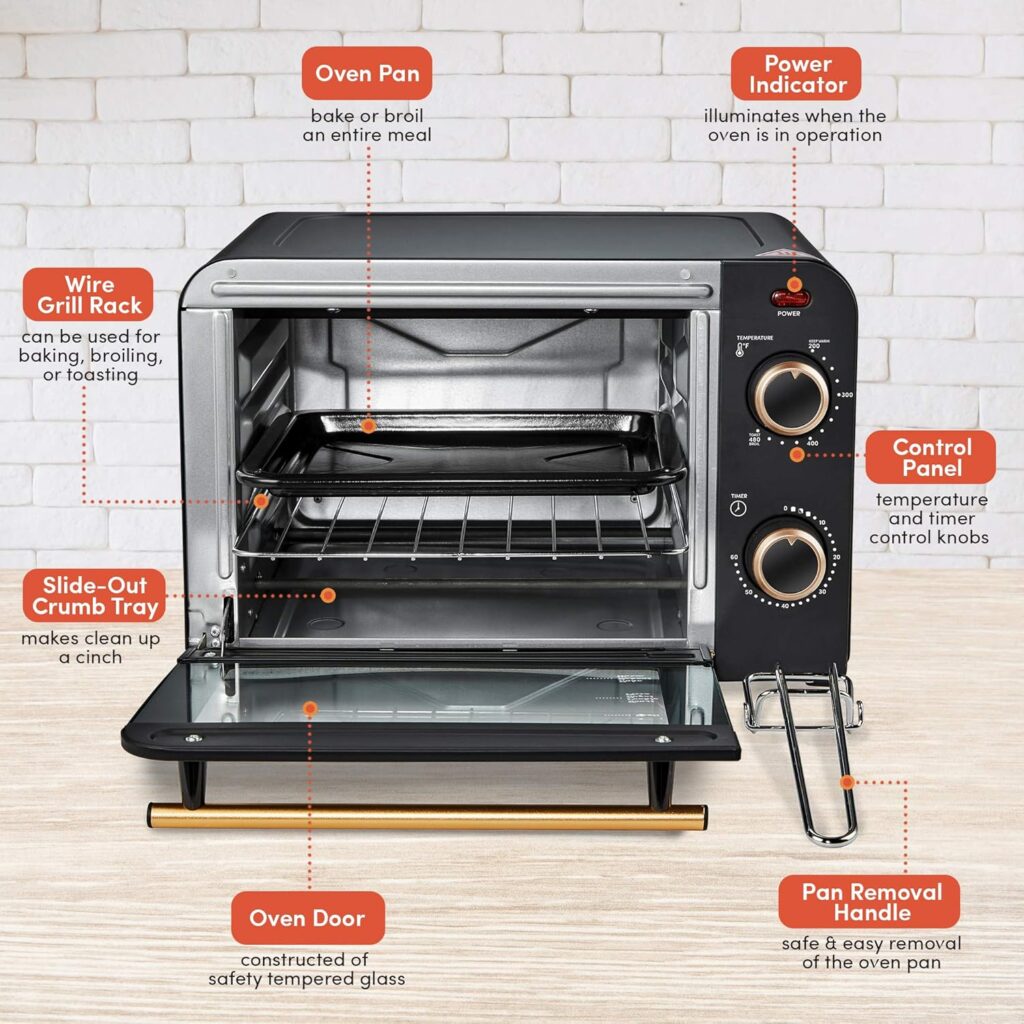 Elite Gourmet Americana ETO1200B Vintage Diner 50’s Retro Countertop Toaster Oven, 1300W, Bake, Broil, Toast, with Temperature Control  Adjustable 60-Minute Timer, Fits 9” Pizza, 4 Slice,