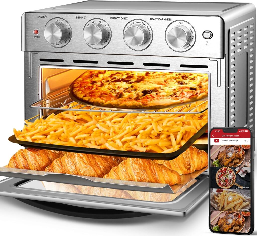 Geek Chef Air Fryer Toaster Oven, 7-In-1 Toaster Oven Countertop with Toast, Bake, Air Fry, Broil Convection Function, 26QT, Stainless Steel