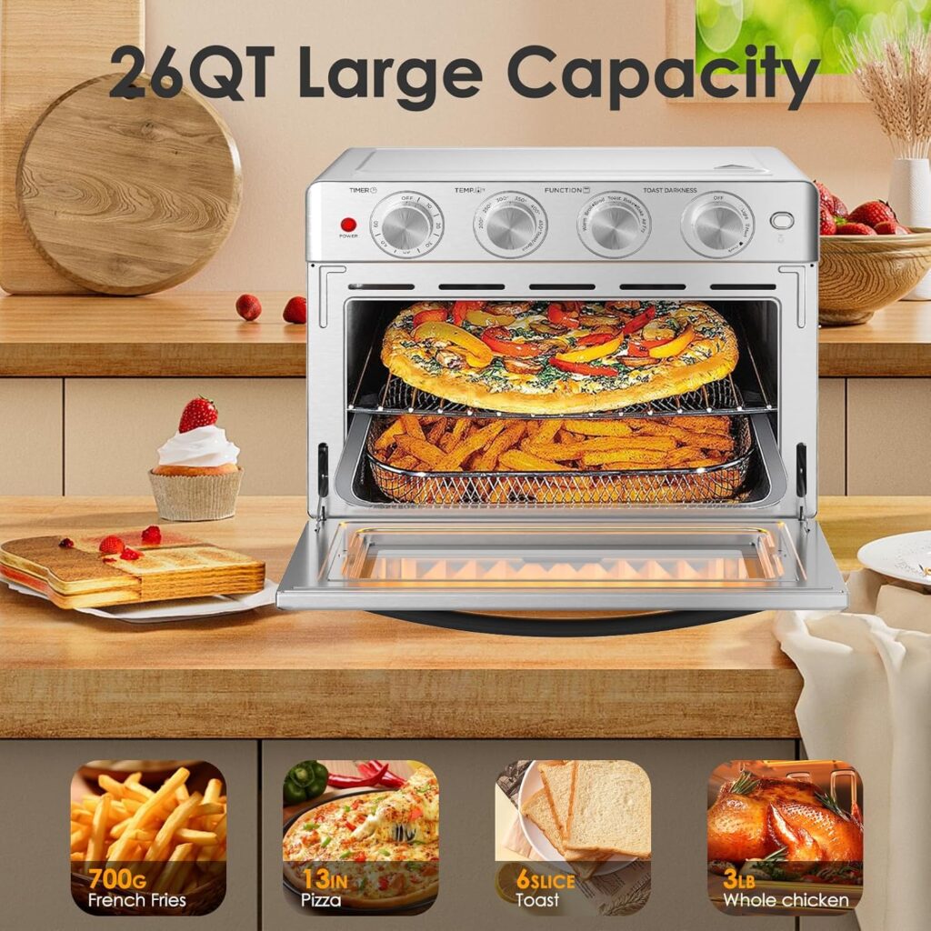 Geek Chef Air Fryer Toaster Oven, 7-In-1 Toaster Oven Countertop with Toast, Bake, Air Fry, Broil Convection Function, 26QT, Stainless Steel