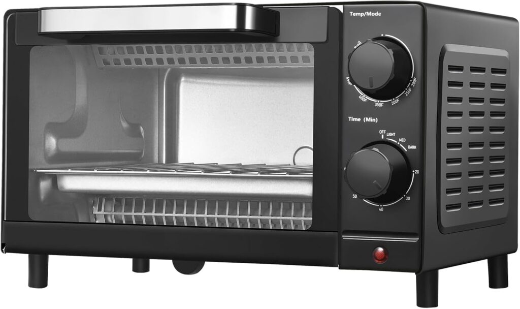 4 Slice Toaster Oven with 3 Setting, Baking Rack and Pan, Black, New