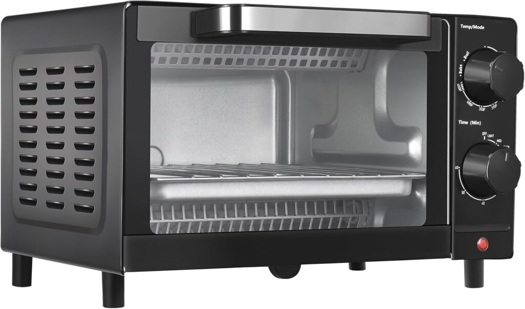 4 Slice Toaster Oven with 3 Setting, Baking Rack and Pan, Black, New