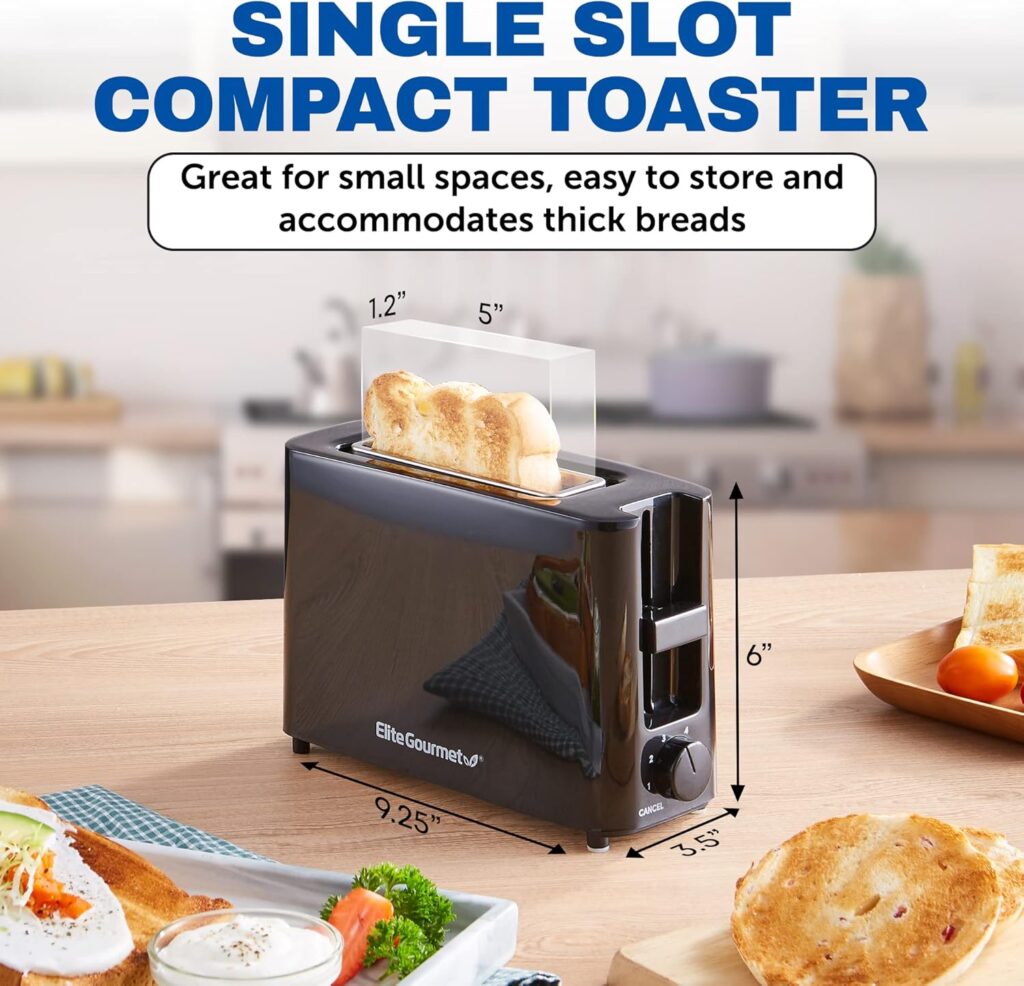 Elite Gourmet ECT118B Cool Touch Single Slice Toaster, 6 Toasting Levels  Wide Slot for Bagels, Waffles, Specialty Breads, Pastry, Snacks, Black