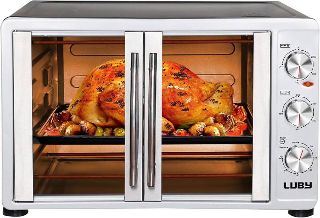 LUBY Large Toaster Oven Countertop, French Door Designed, 55L, 18 Slices, 14 pizza, 20lb Turkey, Silver