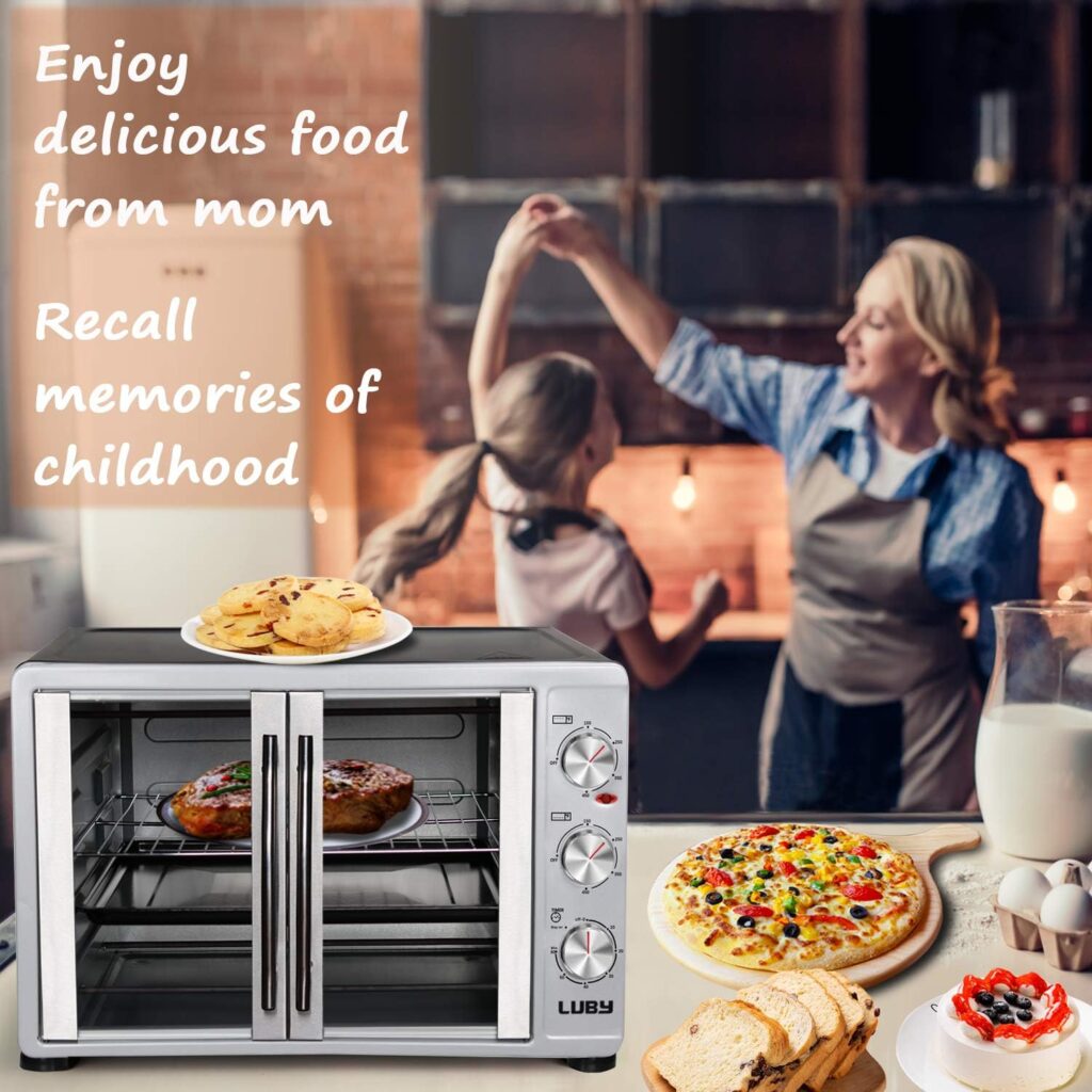 LUBY Large Toaster Oven Countertop, French Door Designed, 55L, 18 Slices, 14 pizza, 20lb Turkey, Silver