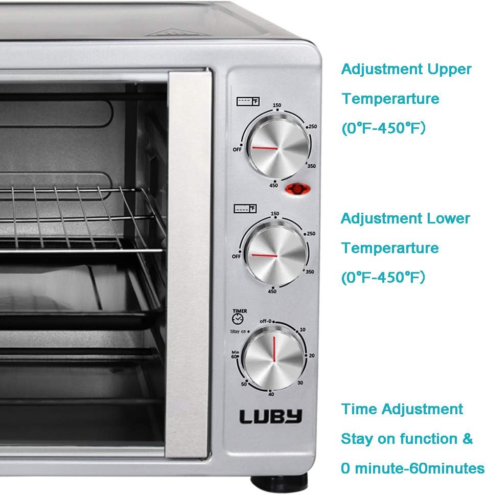 LUBY Large Toaster Oven Countertop, French Door Designed, 55L, 18 Slices, 14 pizza, 20lb Turkey, Silver