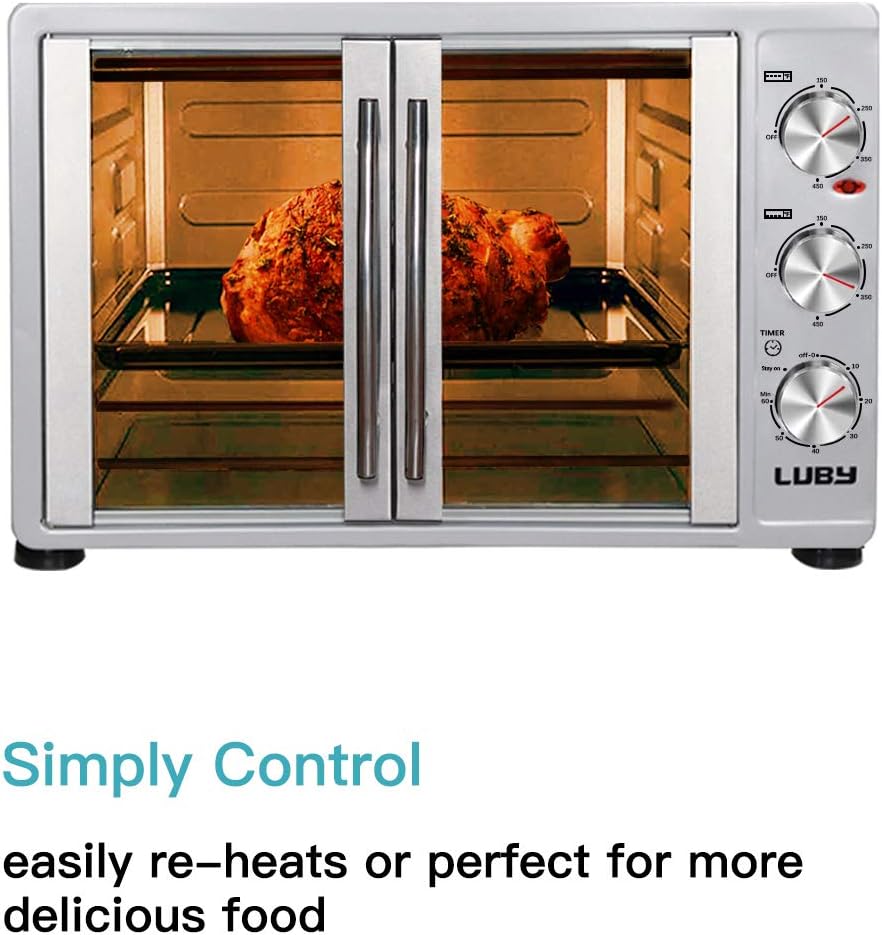 LUBY Large Toaster Oven Countertop, French Door Designed, 55L, 18 Slices, 14 pizza, 20lb Turkey, Silver
