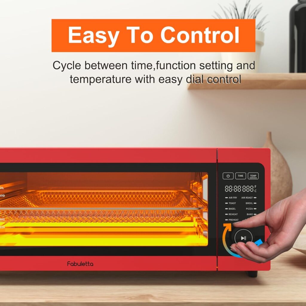 Toaster Oven Air Fryer Combo - Fabuletta 10-in-1 Countertop Convection Oven 1800W, Flip Up  Away Capability for Storage Space, Oil-Less Toaster Oven Fit 12 Pizza, 9 Slices Toast (Red)