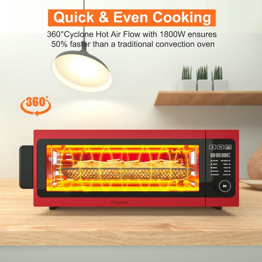 Toaster Oven Air Fryer Combo - Fabuletta 10-in-1 Countertop Convection Oven 1800W, Flip Up  Away Capability for Storage Space, Oil-Less Toaster Oven Fit 12 Pizza, 9 Slices Toast (Red)