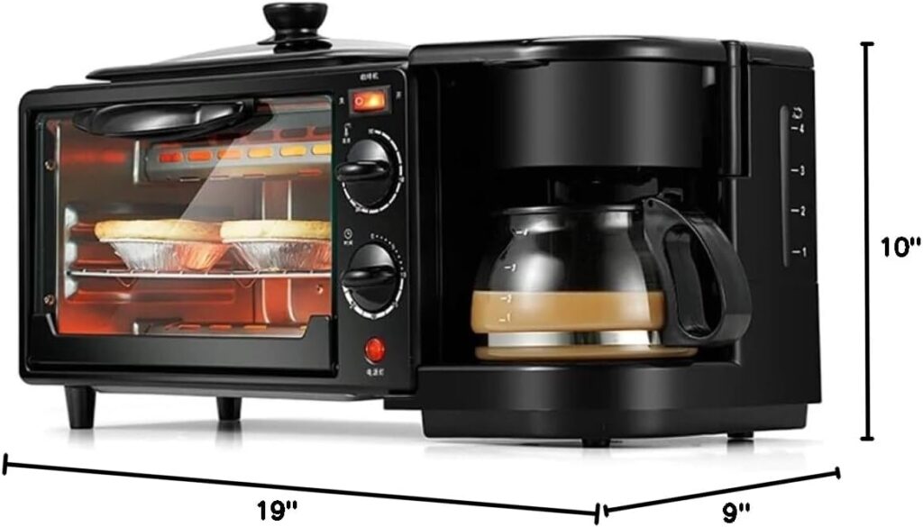 3 In 1 Breakfast Maker Sk-145 Toaster with Frying Pan, Portable Oven Breakfast Maker with Coffee Machine, Non Stick Die Cast Grill/Griddle for Bread Egg Sandwich Bacon Sausages