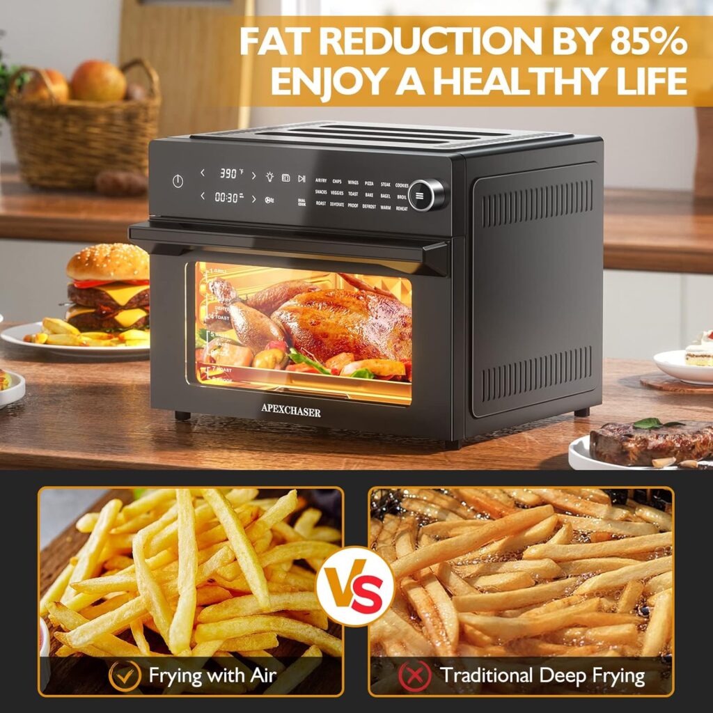 APEXCHASER Air Fryer Toaster Oven Combo, 32QT/30L Large Countertop Convection Toaster Oven, 18-in-1 Functions, Fits 13 Pizza, 9-Slice Toast and 13 Lbs Chicken, Basket, Tray(4 Accessories) Included