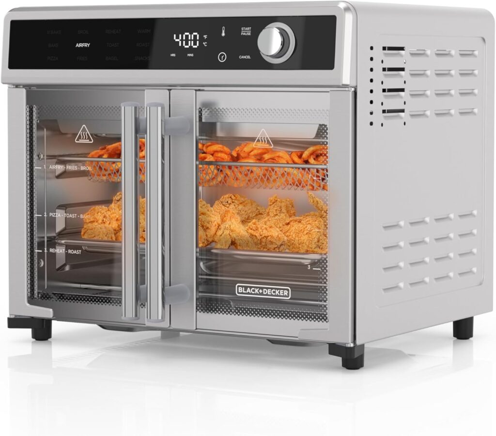 BLACK+DECKER Crisp N Bake Air Fryer Toaster Oven Combo, 12 in 1 Countertop Convection Oven Cooks Food Fast, Fits a Whole Pizza or 6 Toast Slices, French Doors with Stainless Steel Finish
