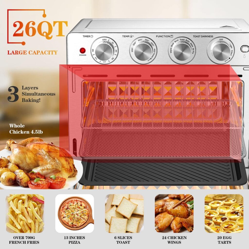 Geek Chef Air Fryer, 6 Slice 26QT Air Fryer Toaster Oven Combo, Air Fryer Oven,Roast, Bake, Stainless Steel, ETL Listed