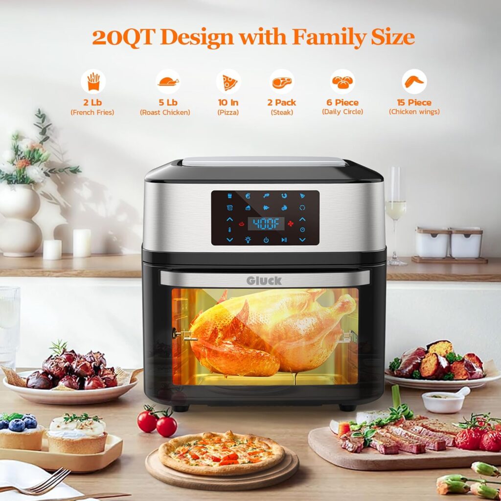 GLUCK Air Fryer Oven, 10-in-1 20QT Airfryer Oven with Visible Cooking Window, Large Air Fryer Toaster Oven Combo with Recipes  10 Accessories, ETL Certification