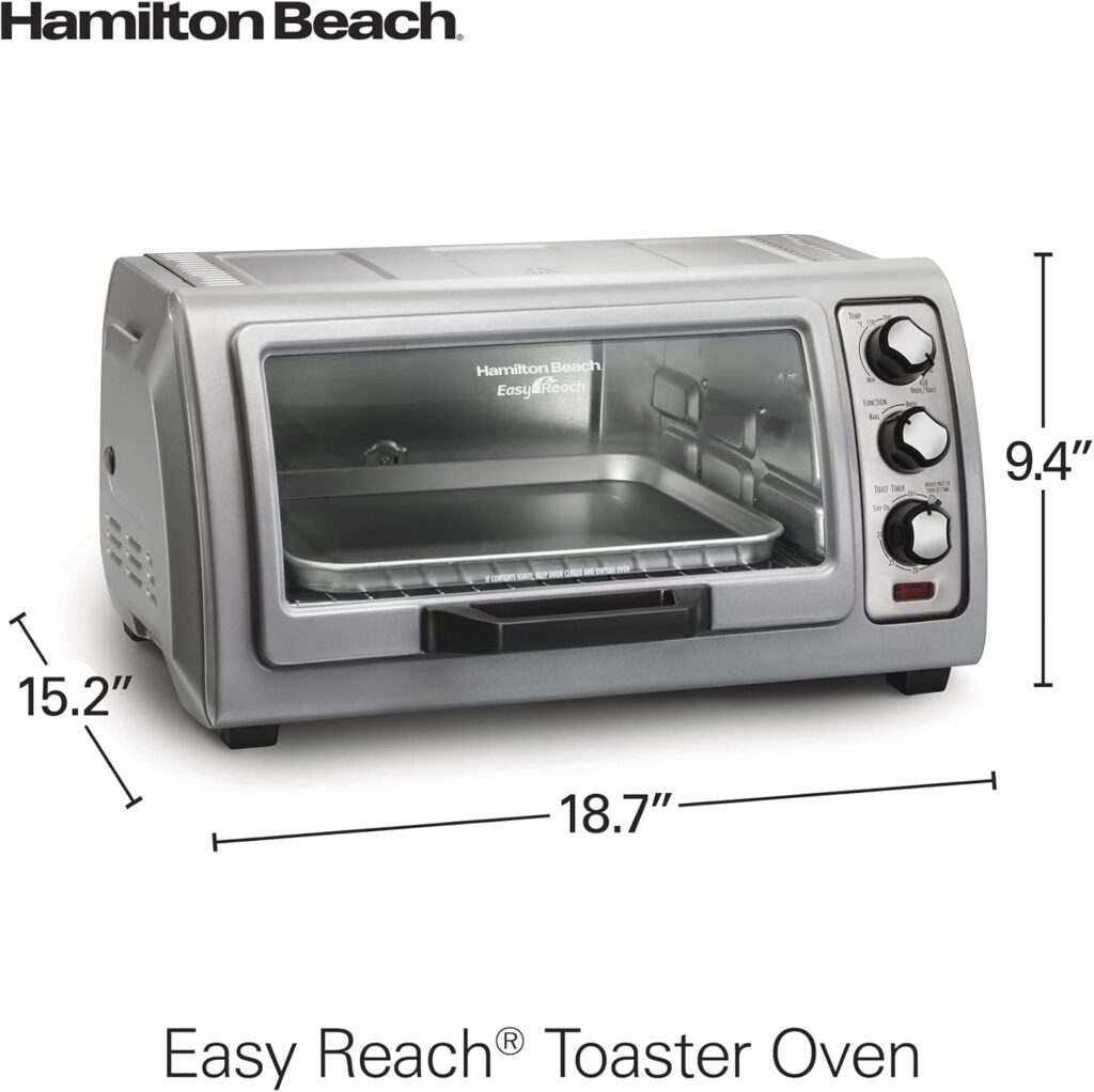 Hamilton Beach 6 Slice Countertop Toaster Oven With Easy Reach Roll-Top Door, Bake, Broil  Toast Functions, Auto Shutoff, Silver (31127D)