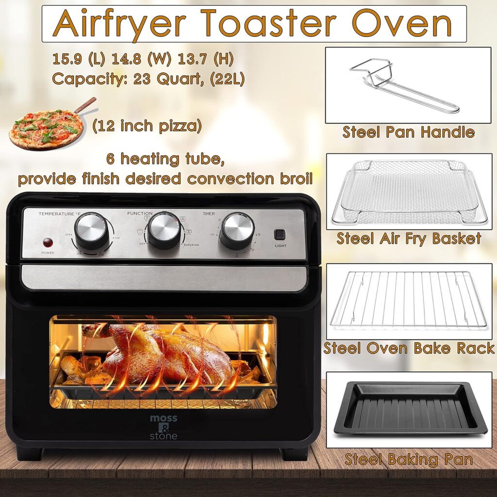 Moss  Stone Air Fryer Oven, 6-in-1 Toaster Oven 23 Quart, Airfryer Toaster Oven For Roast, Bake, Broil, Stainless Steel Accessories Included, Black Convection Oven Countertop.