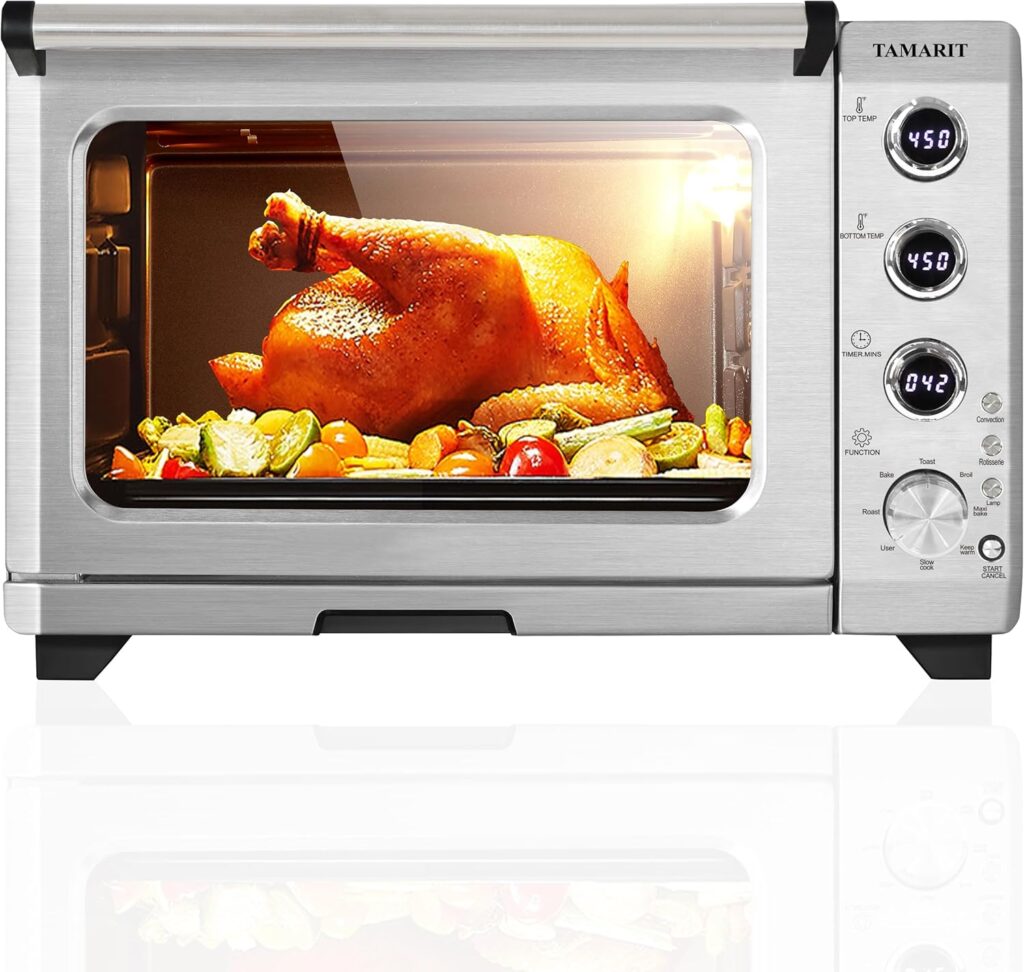 TAMARIT 10 in 1 Convection Toaster Oven Countertop, Knob with LED display SCR Precision Temperature Control 32QT/30L Ceramic Coating Cavity Double Glass Door, Brushed Stainless Steel