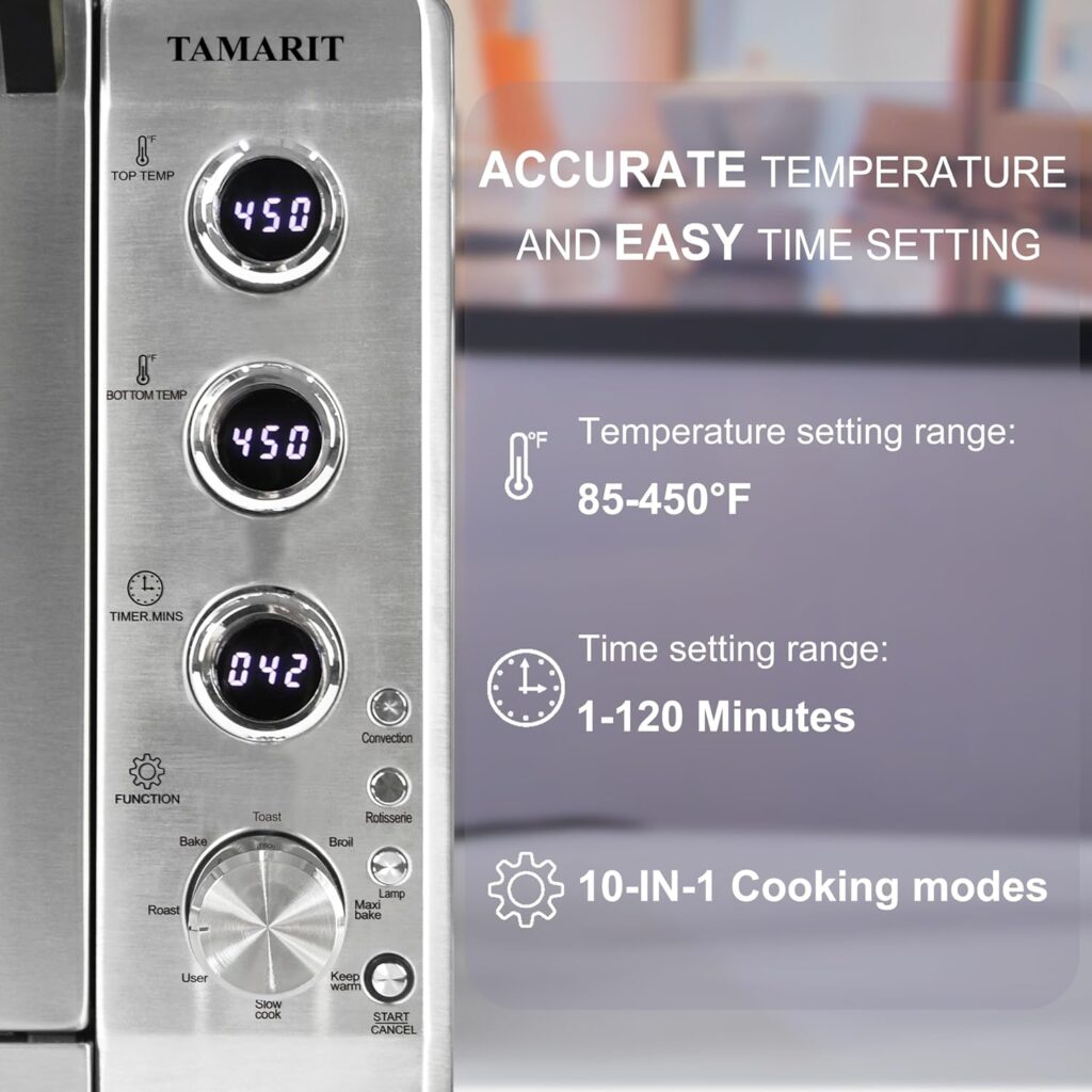 TAMARIT 10 in 1 Convection Toaster Oven Countertop, Knob with LED display SCR Precision Temperature Control 32QT/30L Ceramic Coating Cavity Double Glass Door, Brushed Stainless Steel
