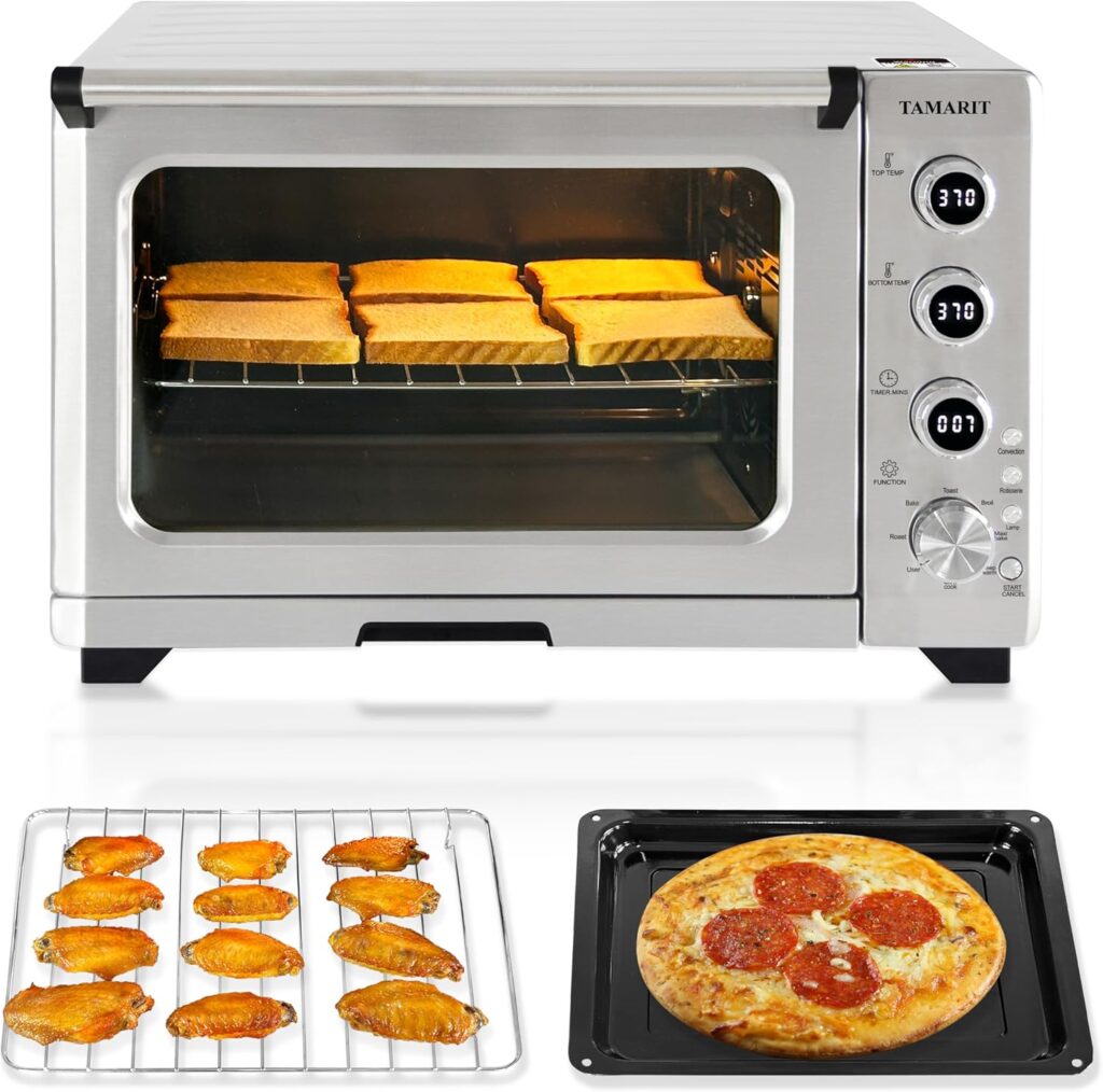 TAMARIT 10 in 1 Convection Toaster Oven Countertop, Knob with LED display SCR Precision Temperature Control 32QT/30L Ceramic Coating Cavity Double Glass Door, Brushed Stainless Steel