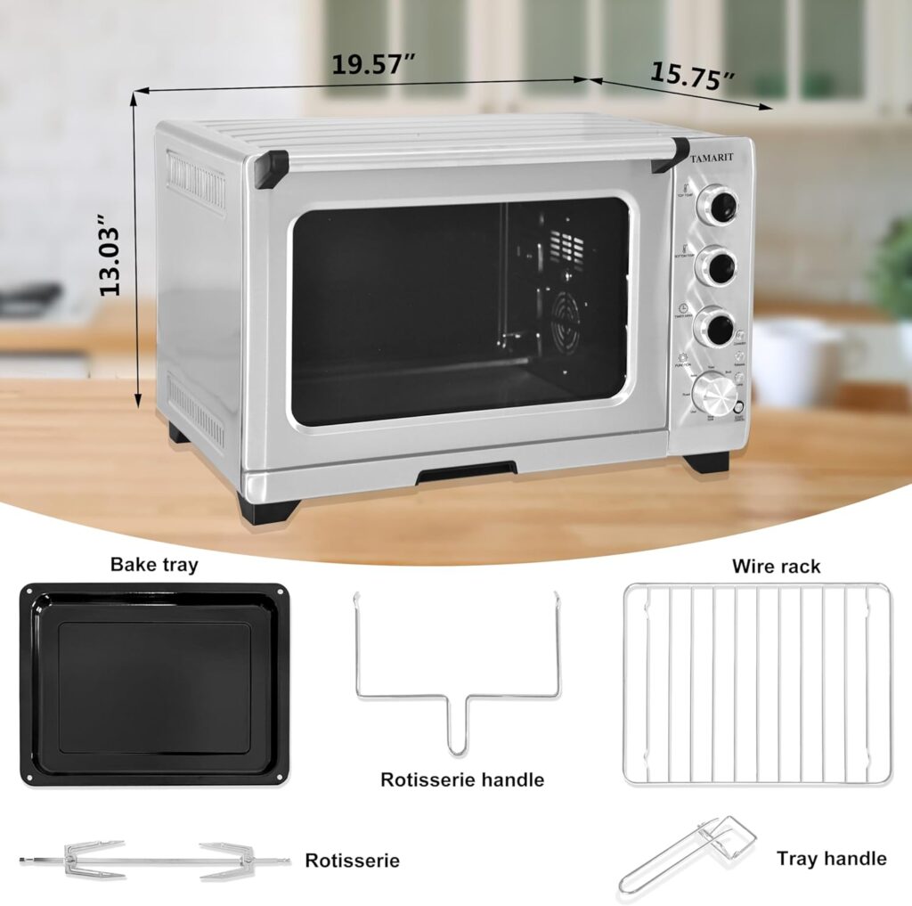 TAMARIT 10 in 1 Convection Toaster Oven Countertop, Knob with LED display SCR Precision Temperature Control 32QT/30L Ceramic Coating Cavity Double Glass Door, Brushed Stainless Steel