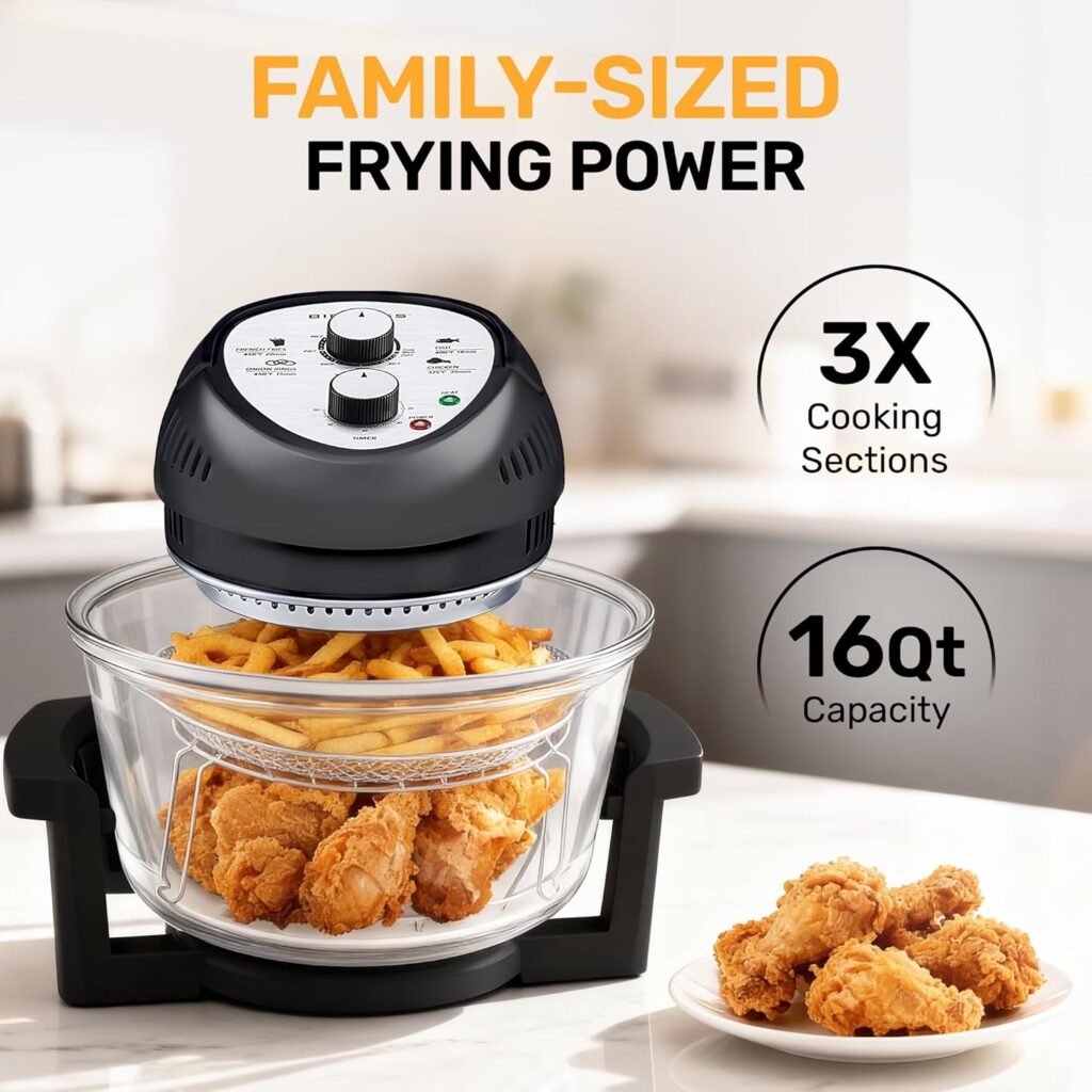 Big Boss 16Qt Extra Large Glass Air Fryer Non Toxic – Family Sized 4 in 1 Cooker with 3 Cooking Sections, Stainless Steel Racks for French Fries, Chicken, No Preheat, Self Cleaning, Dishwasher Safe Big Boss 16Qt Extra Large Glass Air Fryer Non Toxic – Family Sized 4 in 1 Cooker with 3 Cooking Sections, Stainless Steel Racks for French Fries, Chicken, No Preheat, Self Cleaning, Dishwasher Safe